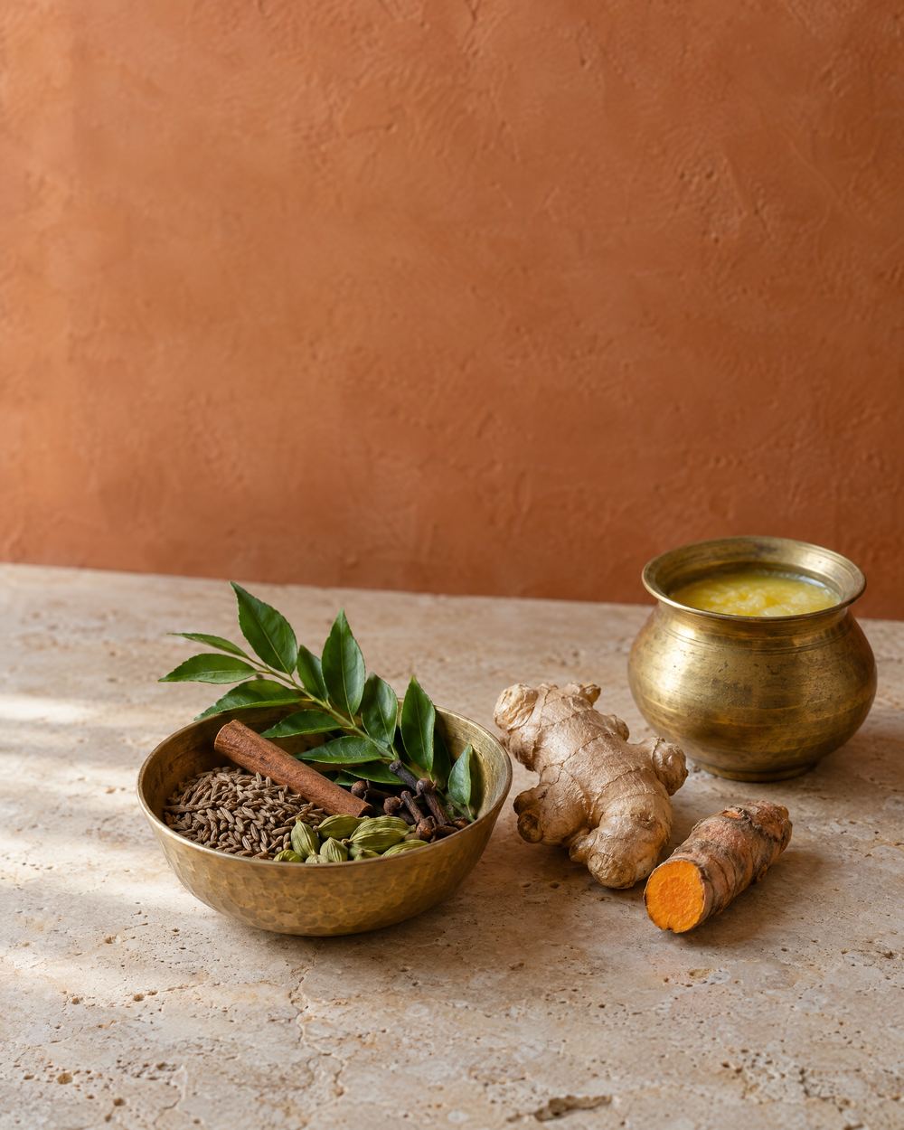A brass bowl of cumin, cardamom, cinnamon, cloves and curry leaves beside fresh ginger, cut turmeric root and a pot of ghee