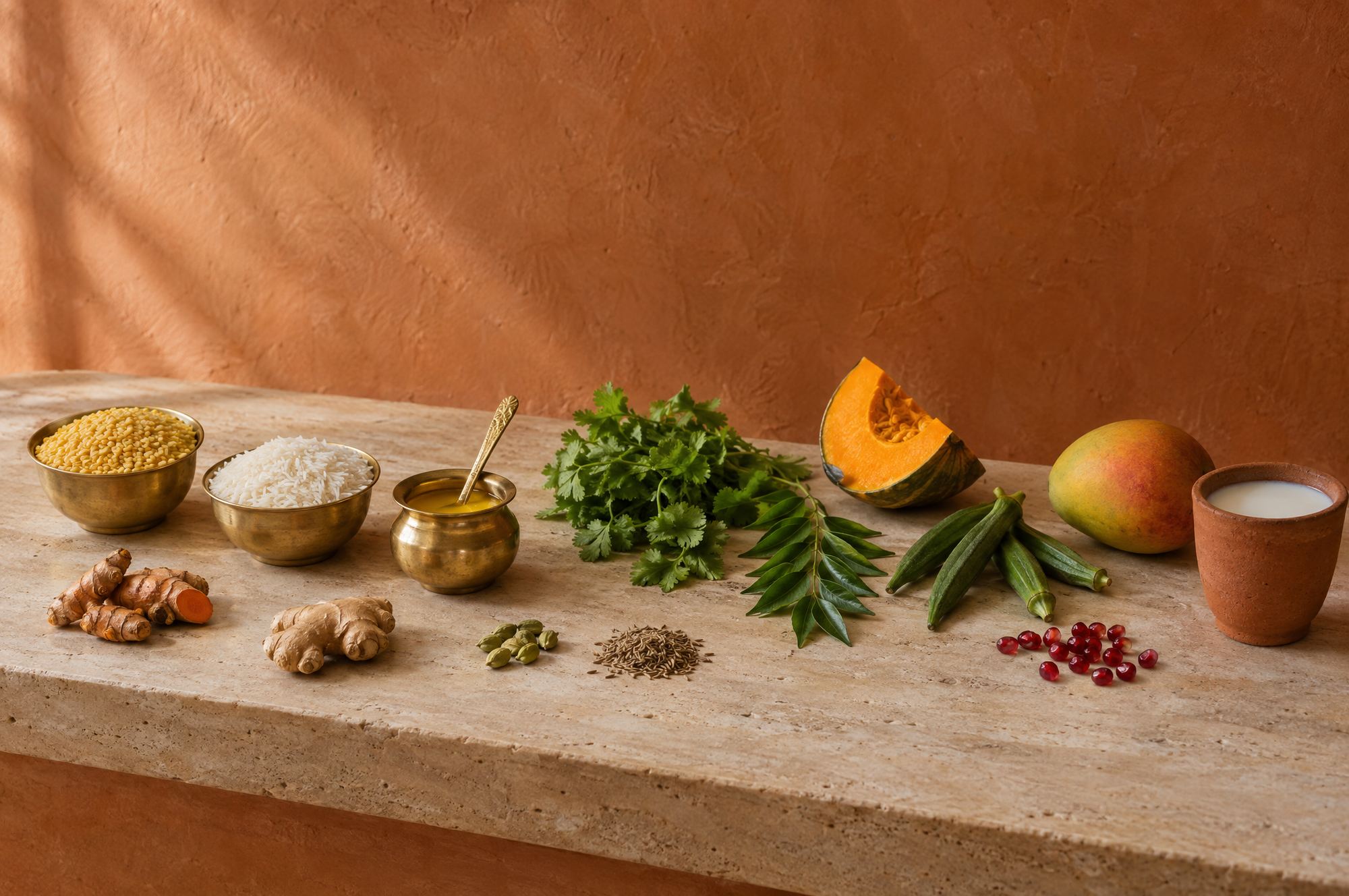 Sattvic ingredients on a stone ledge: moong dal, rice, ghee, fresh turmeric and ginger, cardamom, cumin, coriander, curry leaves, pumpkin, okra, mango, pomegranate and a clay cup of milk