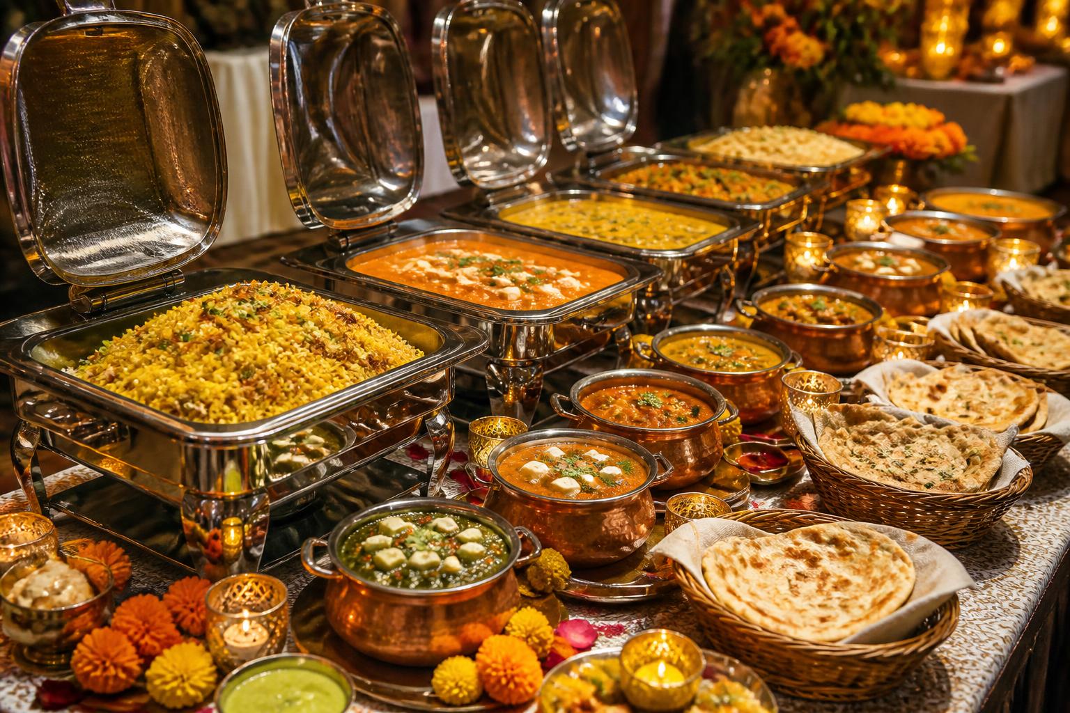 Indian vegetarian buffet catering spread with silver chafing dishes, copper bowls of curries and naan baskets