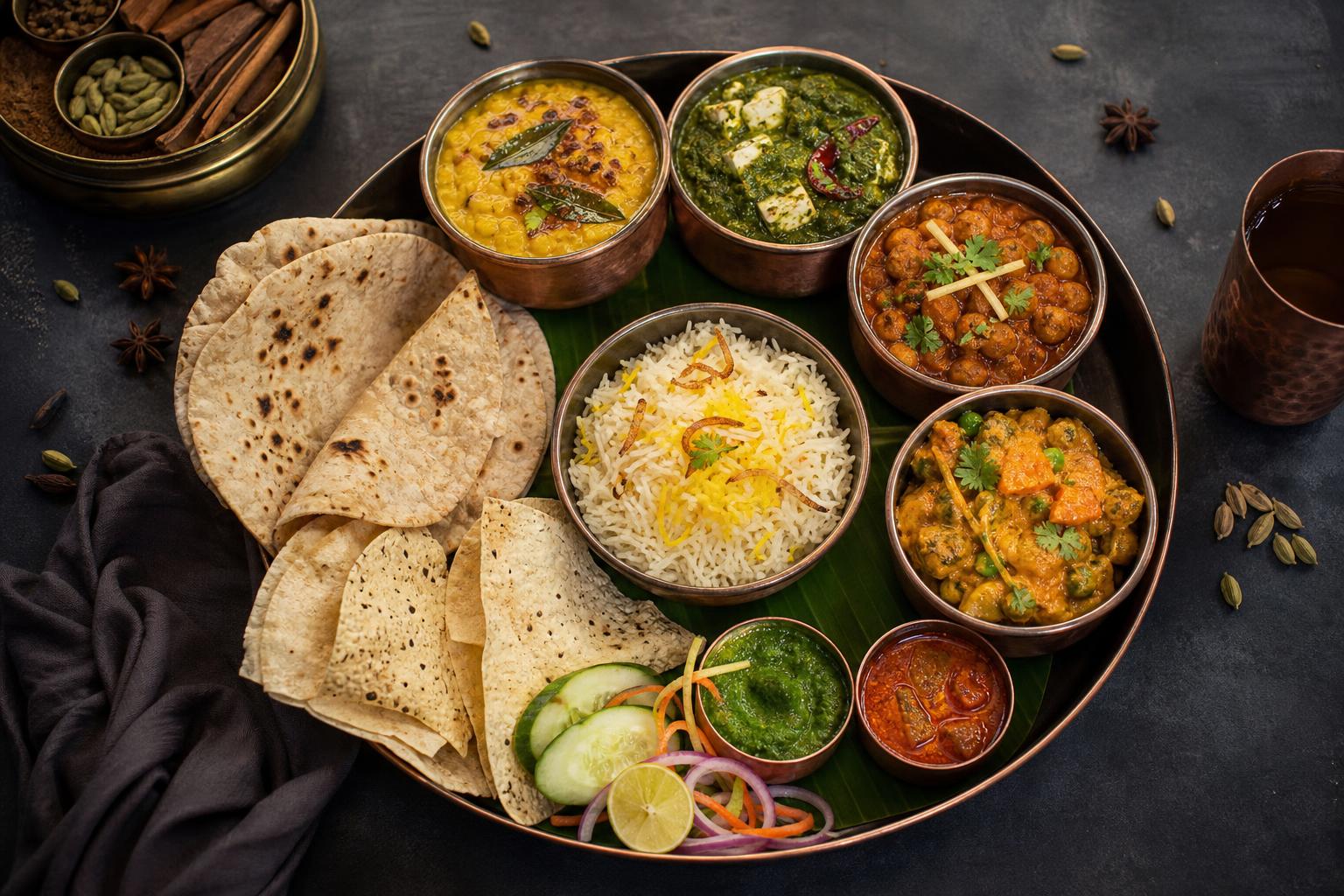 Vibrant Indian vegetarian thali with curries, rice, naan and chutneys